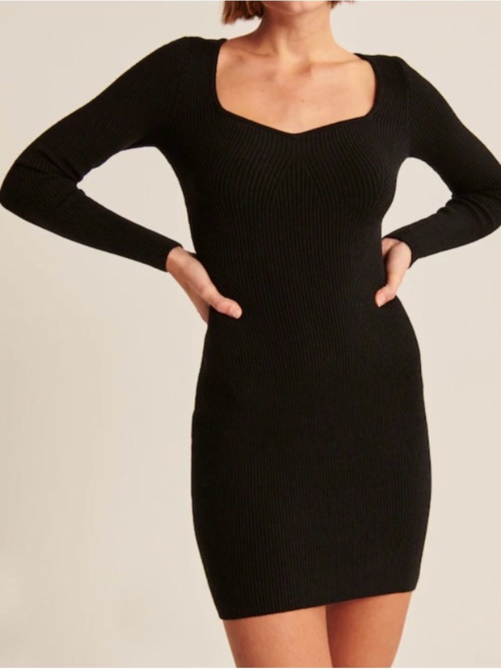 Abercrombie & Fitch Black Portrait Neck Ribbed Long-Sleeve Bodycon Dress